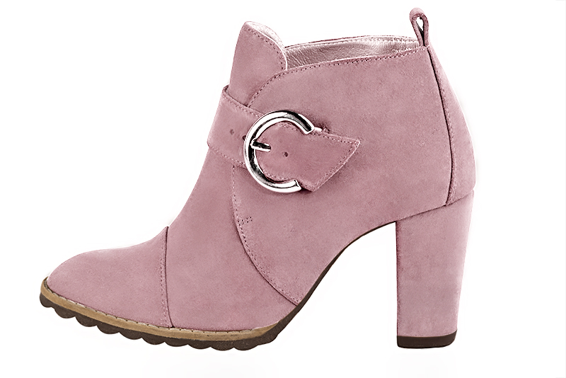 Light pink women's ankle boots with buckles at the front. Round toe. High block heels. Profile view - Florence KOOIJMAN